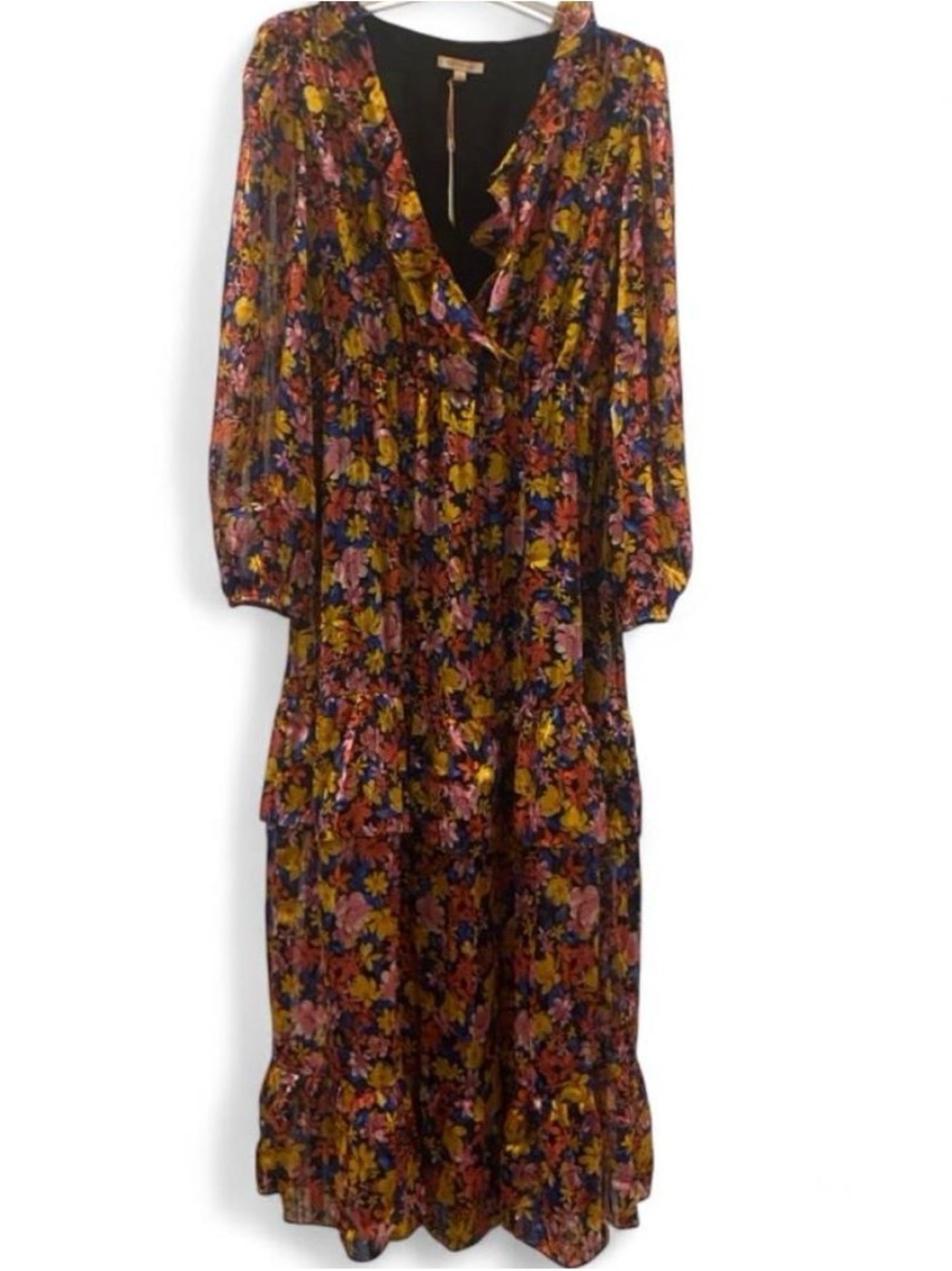 Skies Are Blue - Unique Vintage 💛 Floral V-Neck Tiered 💙 Maxi Dress - Multi